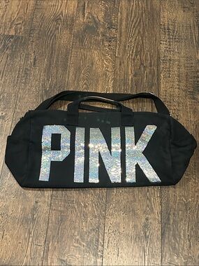 RARE Victoria's Secret PINK Y2K Black Canvas Duffle with Silver Sequin Logo